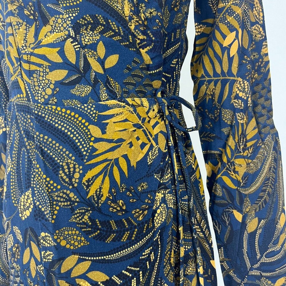 NWT Farm Rio Gold Blue Floral Forest Wrap Mini Dress Long Sleeve Size S - Picture 11 of 15